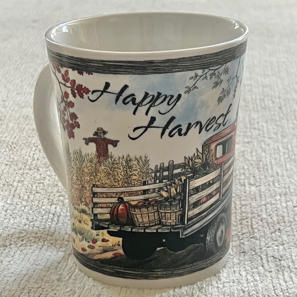 Brother Sister Design Studio 2007 Happy Harvest Mug Red Truck Barn Scarecrow
